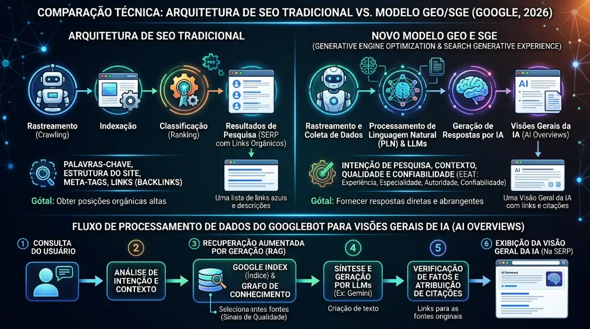 Atualizações do Google em 2026: Adaptação de Infraestrutura WordPress para SGE e GEO Diagrama técnico comparando a arquitetura SEO tradicional com o novo modelo GEO e SGE do Google em 2026