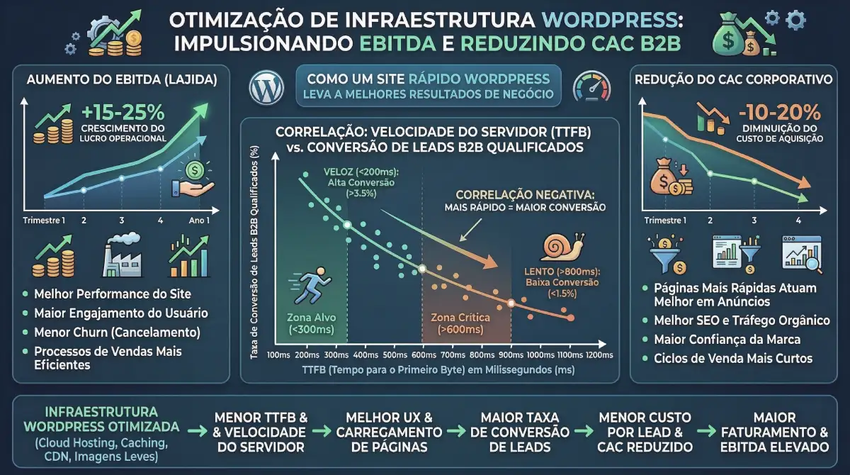 Atualizações do Google em 2026: Adaptação de Infraestrutura WordPress para SGE e GEO Gráfico demonstrando o aumento do EBITDA e redução do CAC corporativo através da otimização de infraestrutura WordPress no modelo GEO